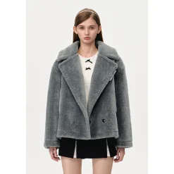 13De Marzo Back Plush Bear Lapel Fuzzy Coat Gray