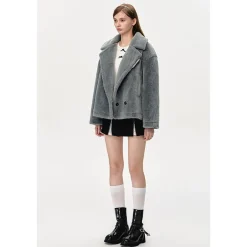 13De Marzo Back Plush Bear Lapel Fuzzy Coat Gray