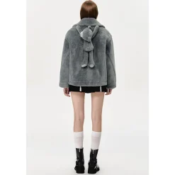 13De Marzo Back Plush Bear Lapel Fuzzy Coat Gray