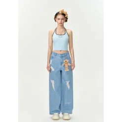 13De Marzo Beaded Logo Chain Wide-Leg Jeans Blue