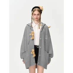 13De Marzo Bear Button Knit Hooded Cardigan
