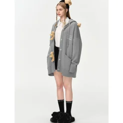 13De Marzo Bear Button Knit Hooded Cardigan