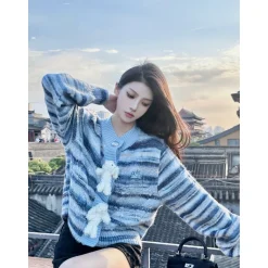 13De Marzo Bear Button Space Dye Cardigan Blue