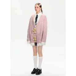 13De Marzo Bear Button Unedged Cardigan Pink