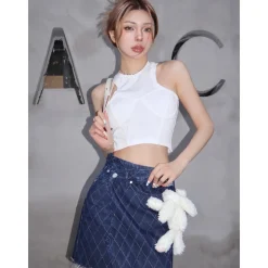 13De Marzo Bear Diamond Check Denim Skirt Blue