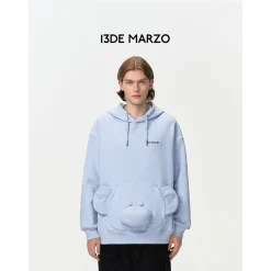 13De Marzo Bear Embossment Pocket Hoodie Blue