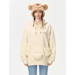 13De Marzo Bear Embossment Pocket Hoodie Beige