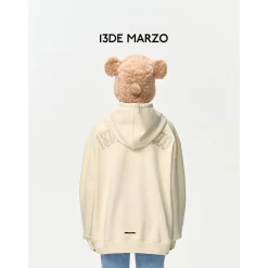 13De Marzo Bear Embossment Pocket Hoodie Beige