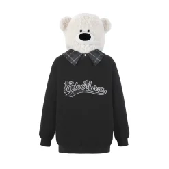 13De Marzo Bear Hood Zip Up Fuzzy Hoodie Black