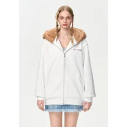 13De Marzo Bear Hood Zip Up Fuzzy Hoodie White