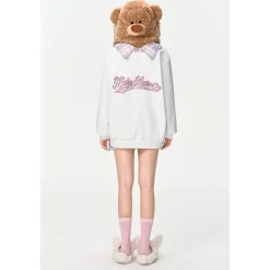 13De Marzo Bear Hood Zip Up Fuzzy Hoodie White