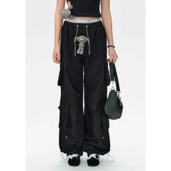 13De Marzo Bear Laced Double Elastic-Waist Cargo Pants Black