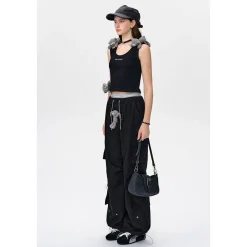 13De Marzo Bear Laced Double Elastic-Waist Cargo Pants Black