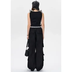 13De Marzo Bear Laced Double Elastic-Waist Cargo Pants Black
