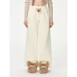 13De Marzo Bear Laced Wide-Leg Casual Pants Beige