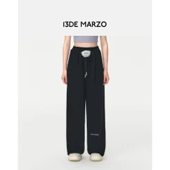 13De Marzo Bear Laced Wide-Leg Casual Pants Black