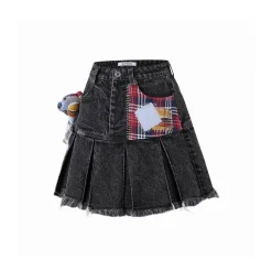 13De Marzo Bear Patch Suture Denim Skirt Black