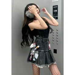 13De Marzo Bear Patch Suture Denim Skirt Black
