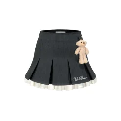 13De Marzo Bear Ruffled Patchwork High Waist Pleated Skirt Gray