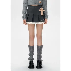 13De Marzo Bear Ruffled Patchwork High Waist Pleated Skirt Gray