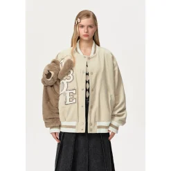 13De Marzo Bear Sleeve Corduroy Baseball Jacket Khaki