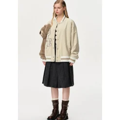 13De Marzo Bear Sleeve Corduroy Baseball Jacket Khaki
