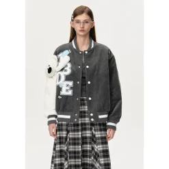 13De Marzo Bear Sleeve Corduroy Baseball Jacket Gray