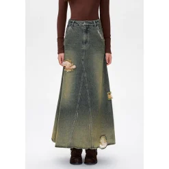 13De Marzo Bear Split Deconstruct Denim Long Skirt