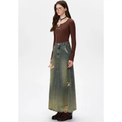 13De Marzo Bear Split Deconstruct Denim Long Skirt