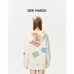 13De Marzo Bear Velcro Badge Hoodie Beige