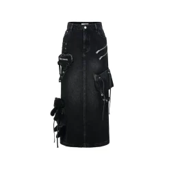 13De Marzo Bear Zipper Denim Cargo Long Skirt Black