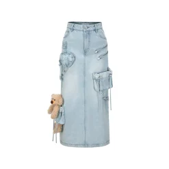 13De Marzo Bear Zipper Denim Cargo Long Skirt Light Blue