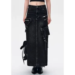 13De Marzo Bear Zipper Denim Cargo Long Skirt Black