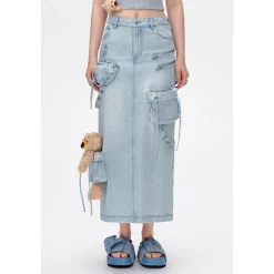 13De Marzo Bear Zipper Denim Cargo Long Skirt Light Blue