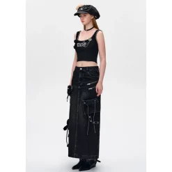 13De Marzo Bear Zipper Denim Cargo Long Skirt Black