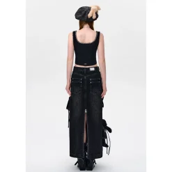 13De Marzo Bear Zipper Denim Cargo Long Skirt Black