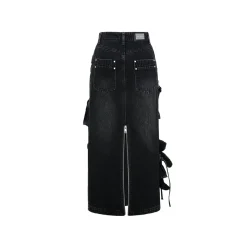 13De Marzo Bear Zipper Denim Cargo Long Skirt Black