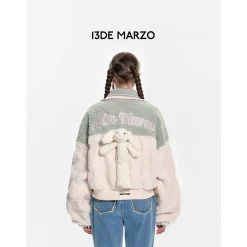 13De Marzo Color Blocked Knit Lapel Fleece Coat White