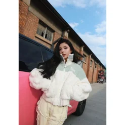 13De Marzo Color Blocked Knit Lapel Fleece Coat White