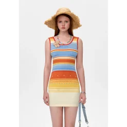 13De Marzo Color Blocked Striped Hollow Out Slim Dress Orange