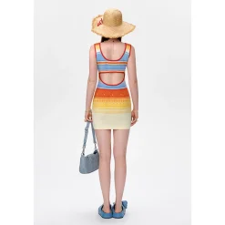 13De Marzo Color Blocked Striped Hollow Out Slim Dress Orange