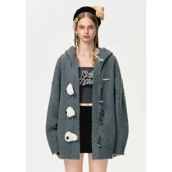13De Marzo Colored Yarn Bear Knit Hooded Cardigan Gray