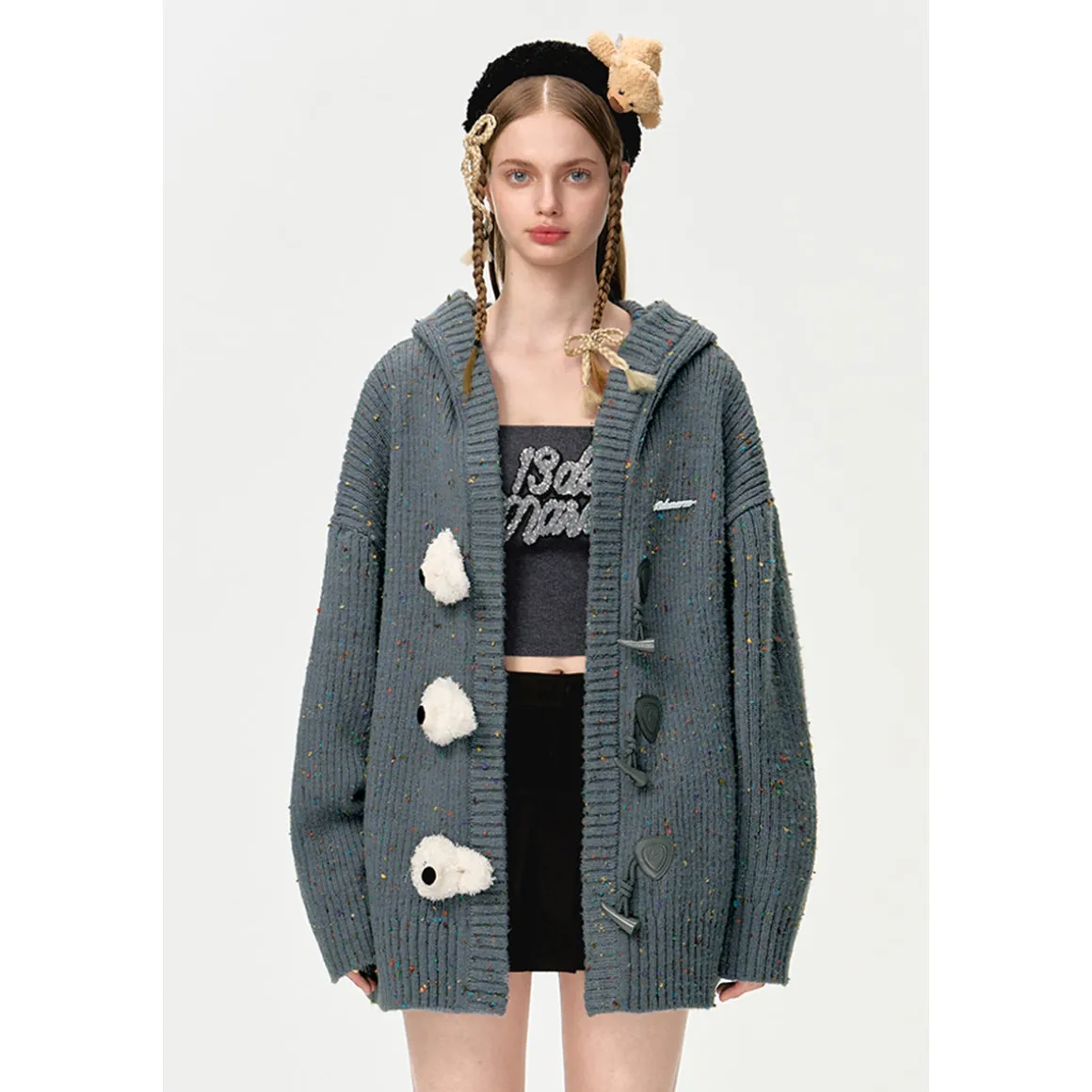 13De Marzo Colored Yarn Bear Knit Hooded Cardigan Gray