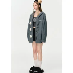 13De Marzo Colored Yarn Bear Knit Hooded Cardigan Gray