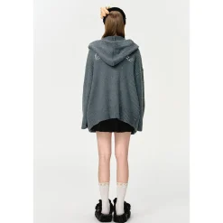 13De Marzo Colored Yarn Bear Knit Hooded Cardigan Gray