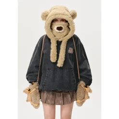 13De Marzo Detachable Bear Mask Padded Hoodie Black