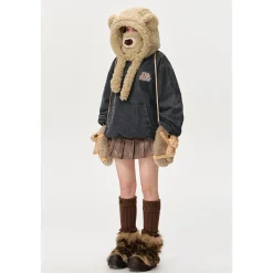 13De Marzo Detachable Bear Mask Padded Hoodie Black
