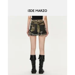 13De Marzo Distressed Camo Patch Denim Shorts