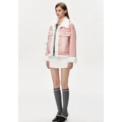 13De Marzo Doozoo Fleece Patchwork Denim Jacket Pink