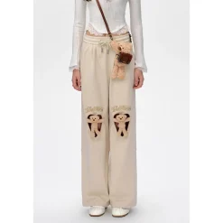 13De Marzo Doozoo Knee Hollow Out Heart Sweat Pants Apricot